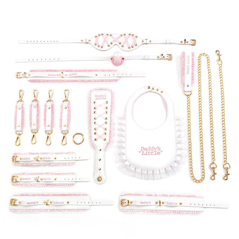 Nyxxx BDSM Kit Bondage Set for Daddy Dom's Little Girl DDLG ABDL Age Play Female Users, 14 PCS Lace & Leather Restraint Sets with Kinky Pacifier Gag, Bib, Collar (Pink&White)